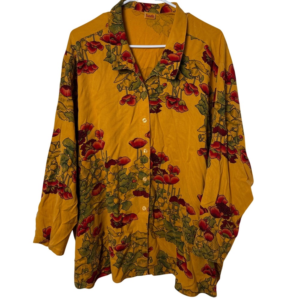 Tianello Button Down Womens XL Yellow Floral Poppy Print Silk Blend Long Sleeve